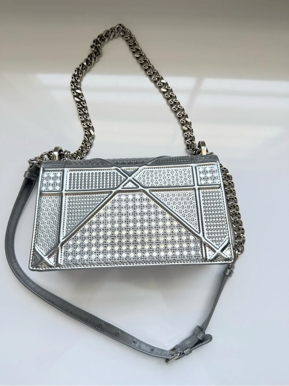 Diorama Authentic Dior Metallic Medium Silver Bag with Chain Strap
